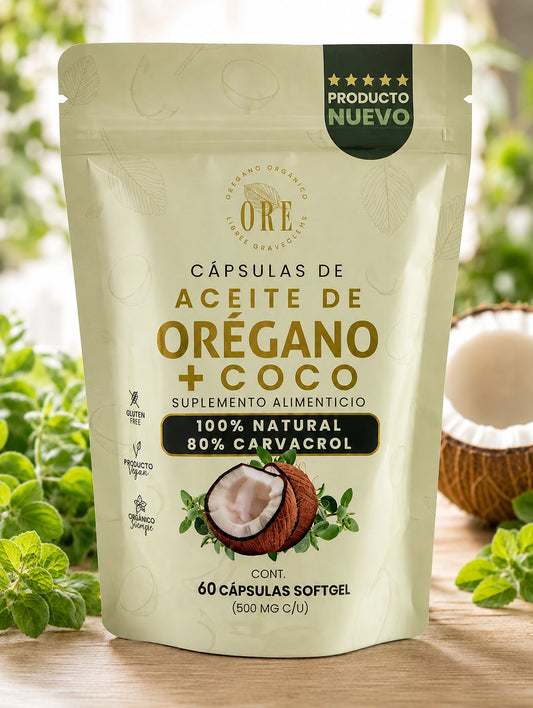 Aceite De Orégano Y Coco 60 Cápsulas Softgel Orgánico 80 % Carvacrol