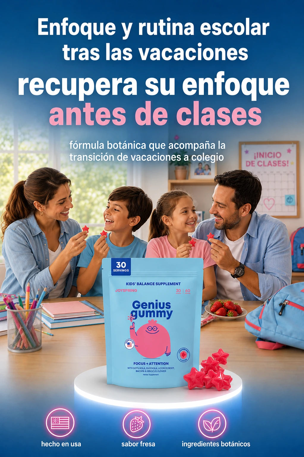 Genius Gummy - Suplemento botánico para niños, enfoque y rutina escolar, fórmula natural con ingredientes botánicos, hecho en USA