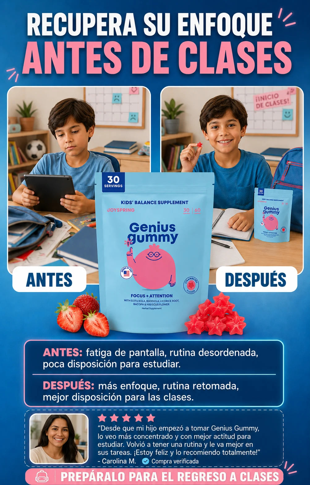 Genius Gummy antes y después - Niños con más enfoque y mejor rutina escolar gracias a suplemento botánico natural, testimonio de mamá verificada