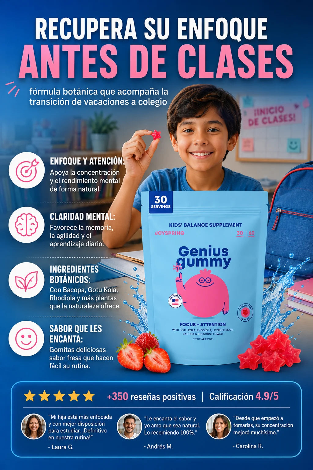 Genius Gummy beneficios - Enfoque y atención, claridad mental, ingredientes botánicos naturales, sabor fresa, +350 reseñas 4.9/5, suplemento para niños regreso a clases