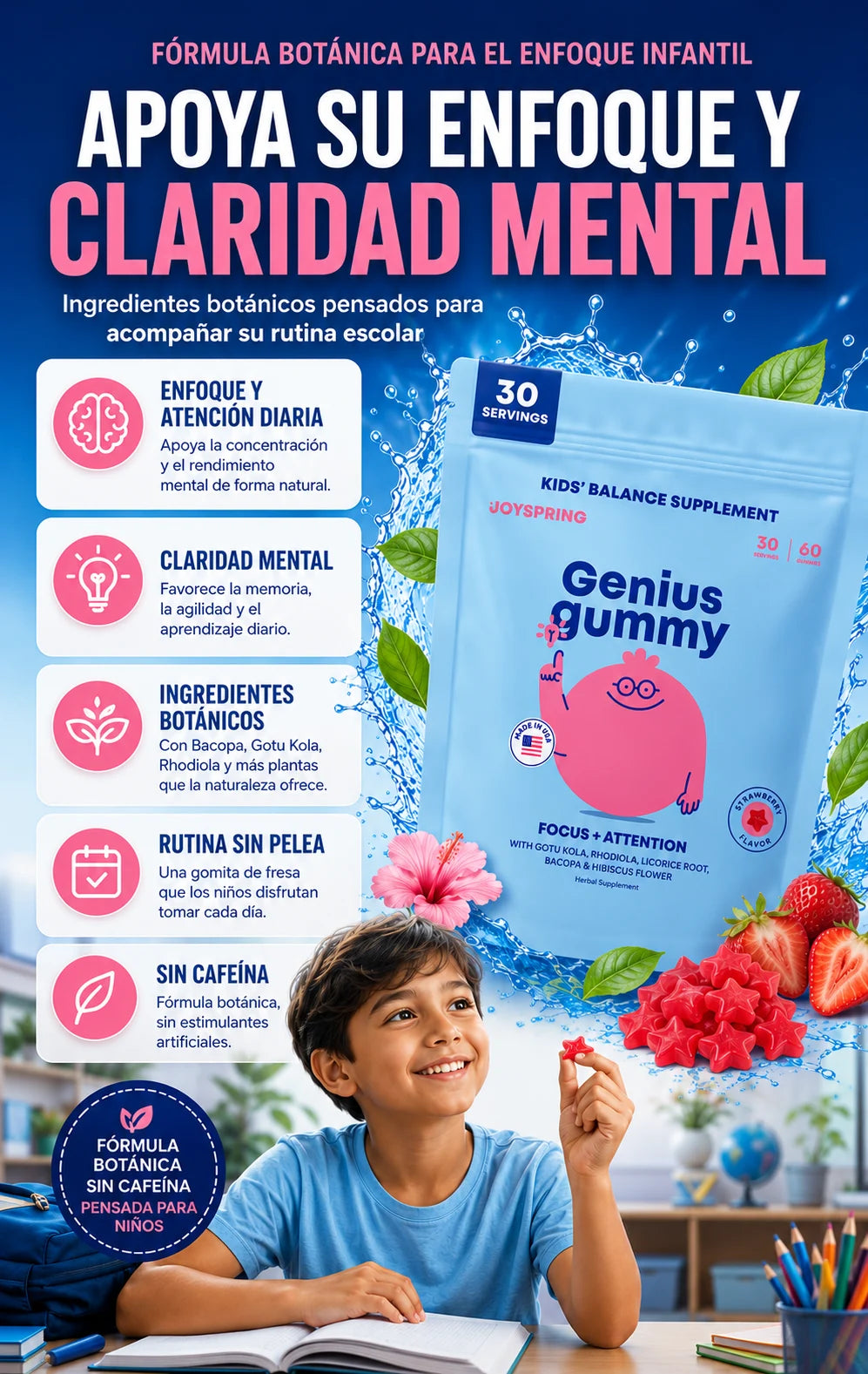 Genius Gummy fórmula botánica infantil - Enfoque y atención diaria, claridad mental, ingredientes botánicos sin cafeína, rutina escolar fácil, suplemento natural para niños