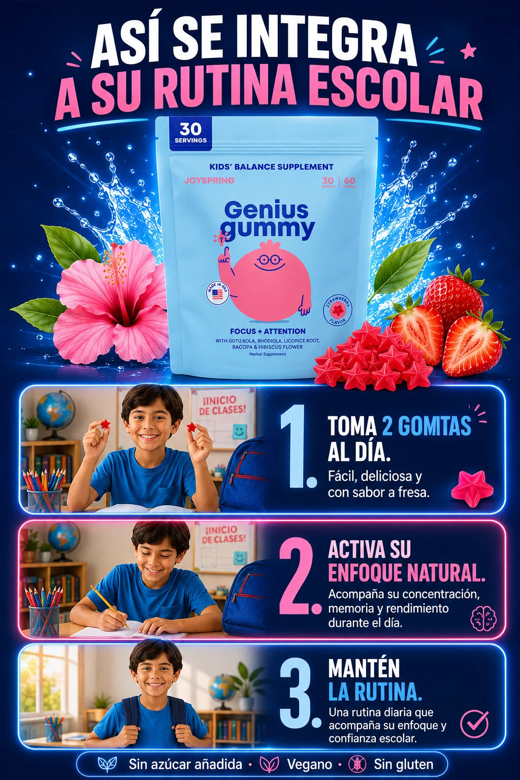 Genius Gummy rutina escolar - Toma 2 gomitas al día, activa enfoque natural, mantén la rutina, vegano sin azúcar sin gluten, suplemento botánico para niños