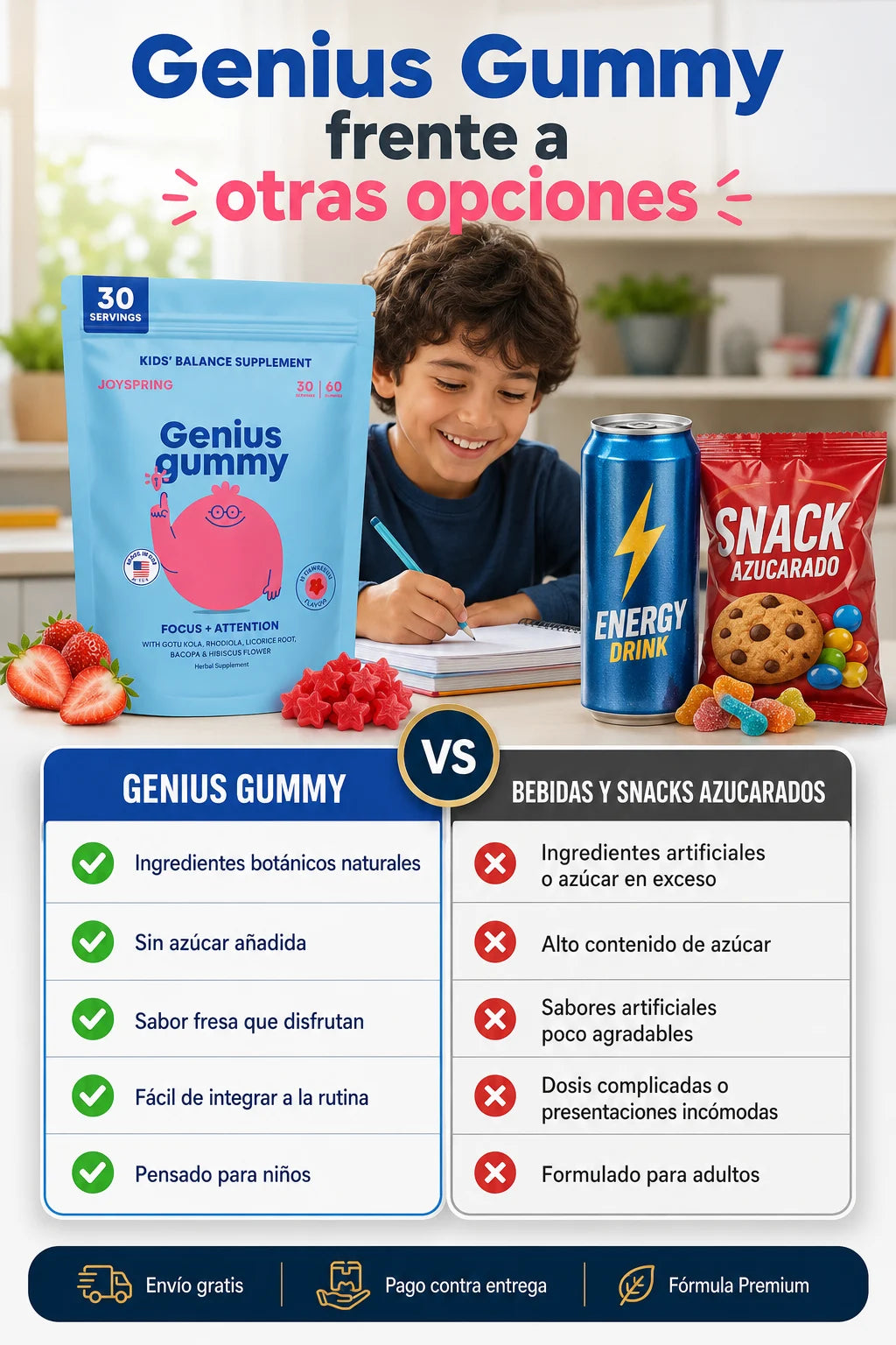Genius Gummy vs bebidas y snacks azucarados - Ingredientes botánicos naturales, sin azúcar añadida, sabor fresa, pensado para niños, fórmula premium sin artificiales