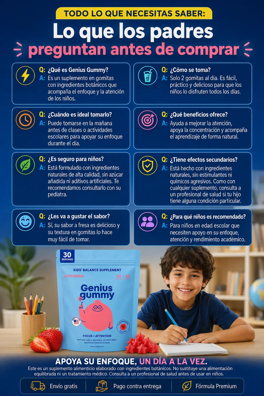Genius Gummy preguntas frecuentes - Qué es, cómo se toma, beneficios, seguridad para niños, efectos secundarios, sabor, edad recomendada, suplemento botánico infantil