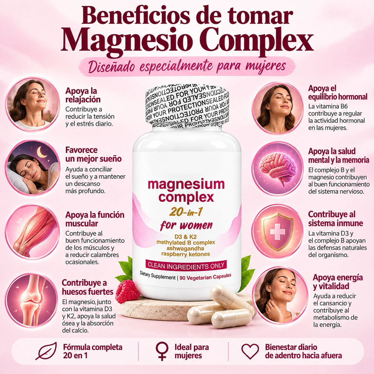 Magnesio 20 en 1 para Mujer · 90 Cápsulas