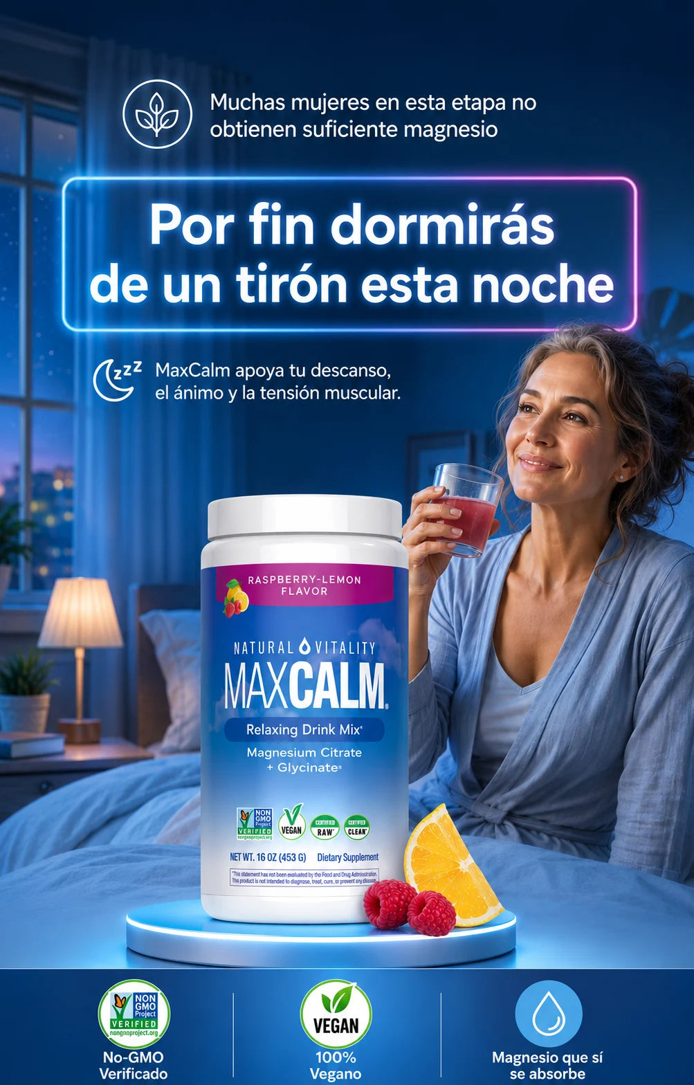 Mujer descansando con MaxCalm magnesio para menopausia - duerme mejor esta noche