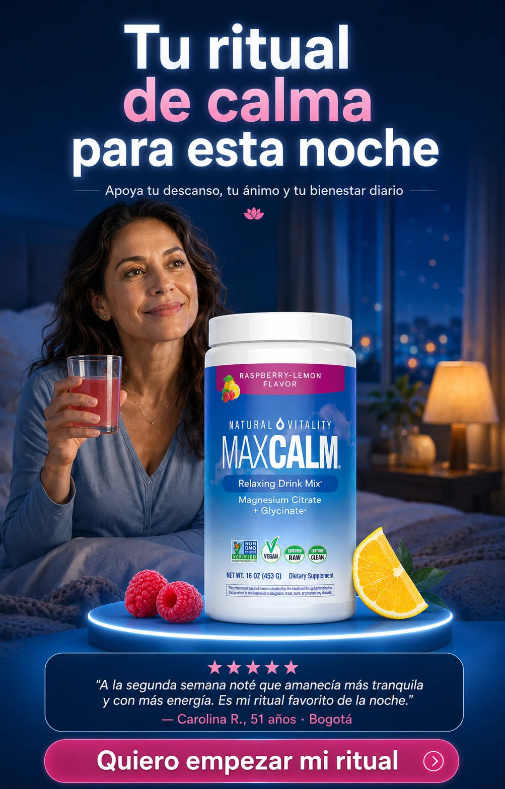 Mujer sonriente con MaxCalm magnesio para menopausia - ritual de calma nocturna