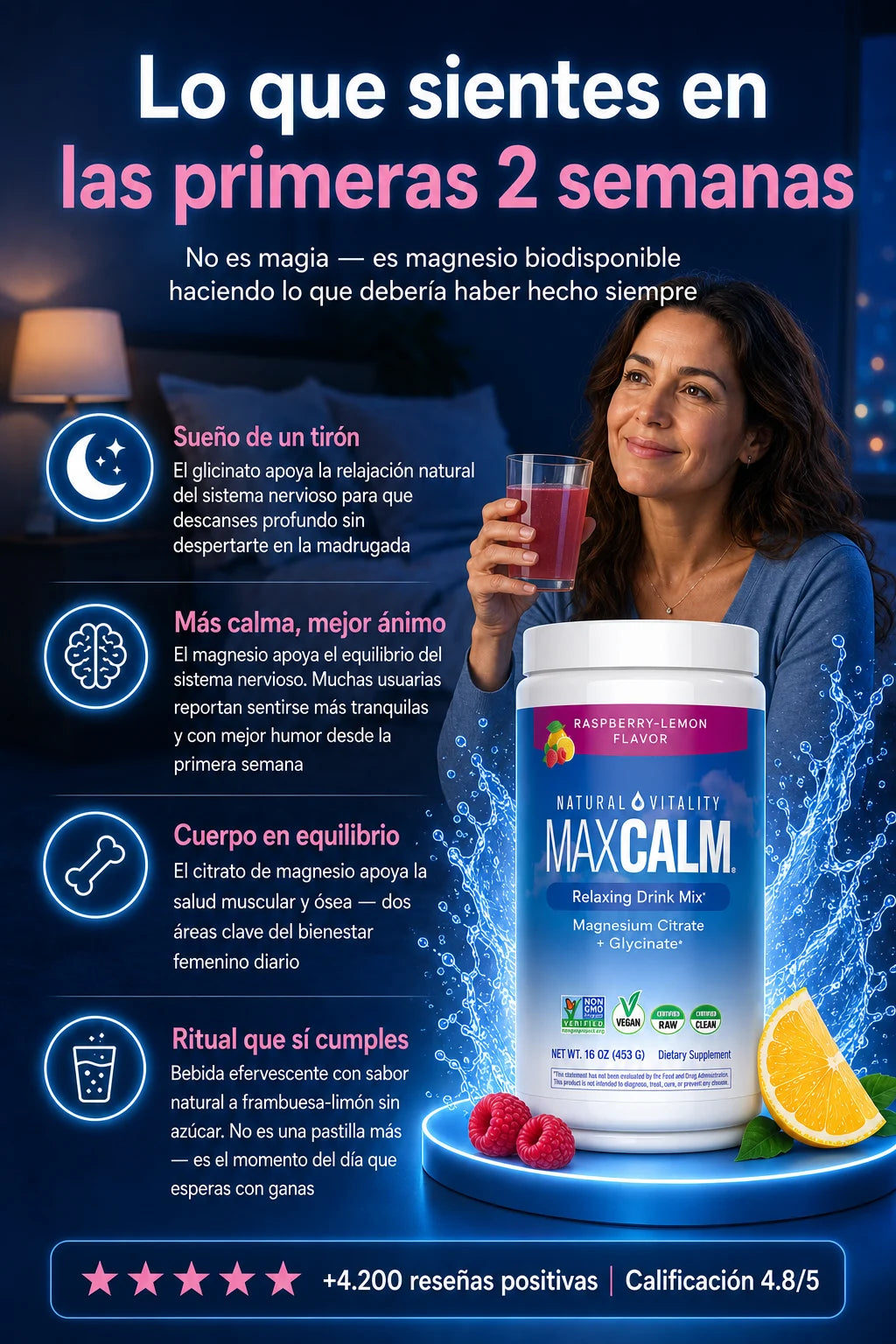 MaxCalm magnesio beneficios menopausia - sueño, calma, equilibrio muscular en 2 semanas