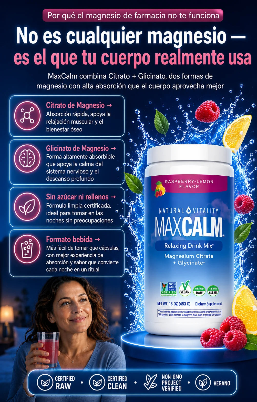 MaxCalm citrato y glicinato de magnesio biodisponible - fórmula sin azúcar para menopausia