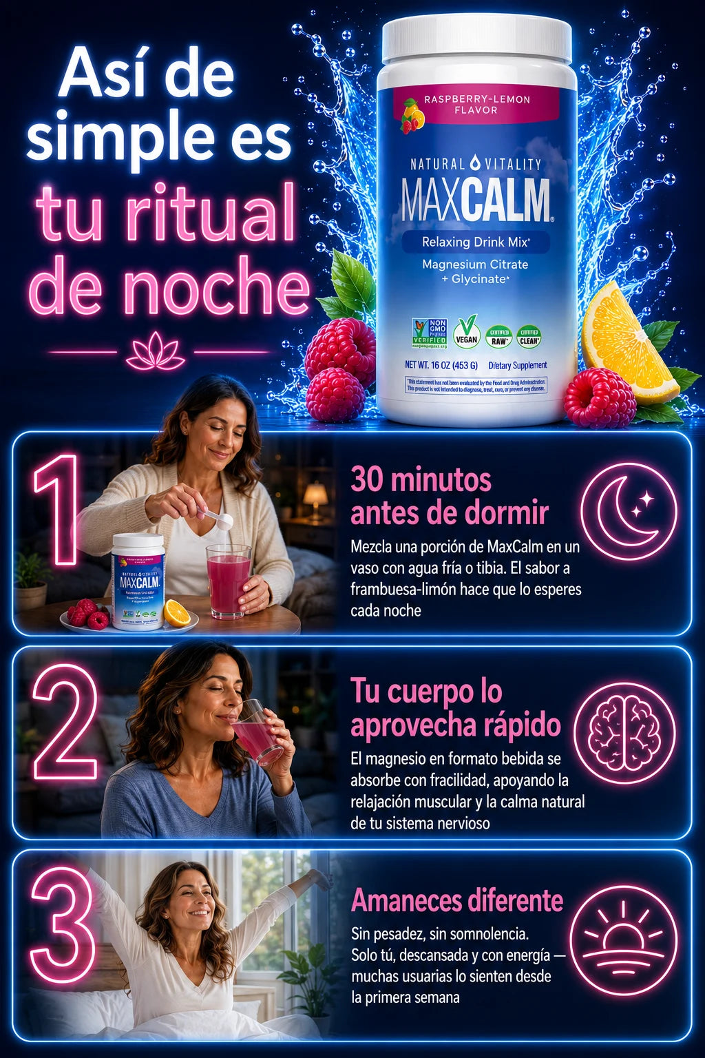 Cómo tomar MaxCalm magnesio de noche - ritual en 3 pasos para dormir mejor con menopausia