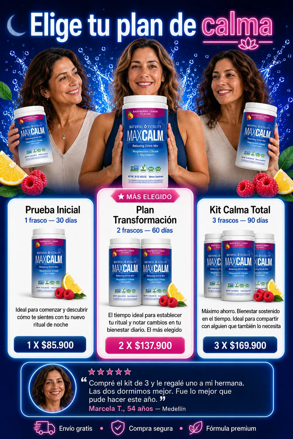 Planes MaxCalm magnesio menopausia - 1, 2 o 3 frascos para dormir y calmar síntomas