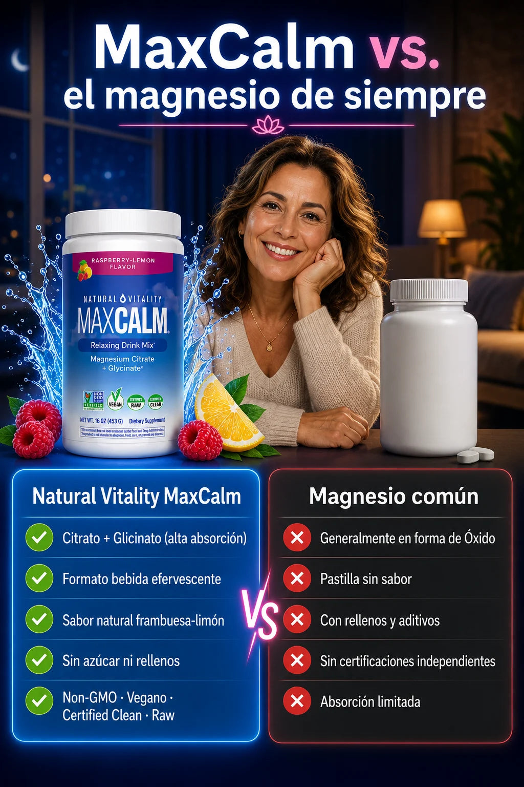 MaxCalm vs magnesio común - comparativa citrato glicinato alta absorción para menopausia