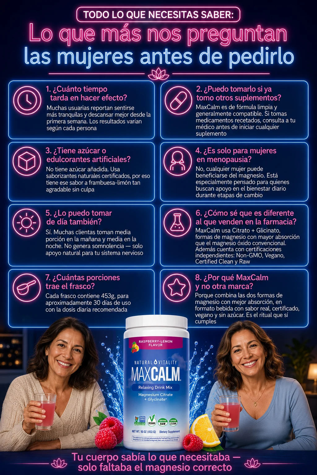 Preguntas frecuentes MaxCalm magnesio menopausia - efectos, dosis, compatibilidad y diferencias