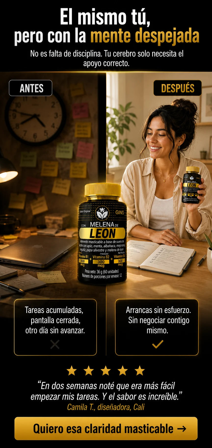 Antes y después de tomar Melena de León – gomitas para concentración y claridad mental sin cafeína