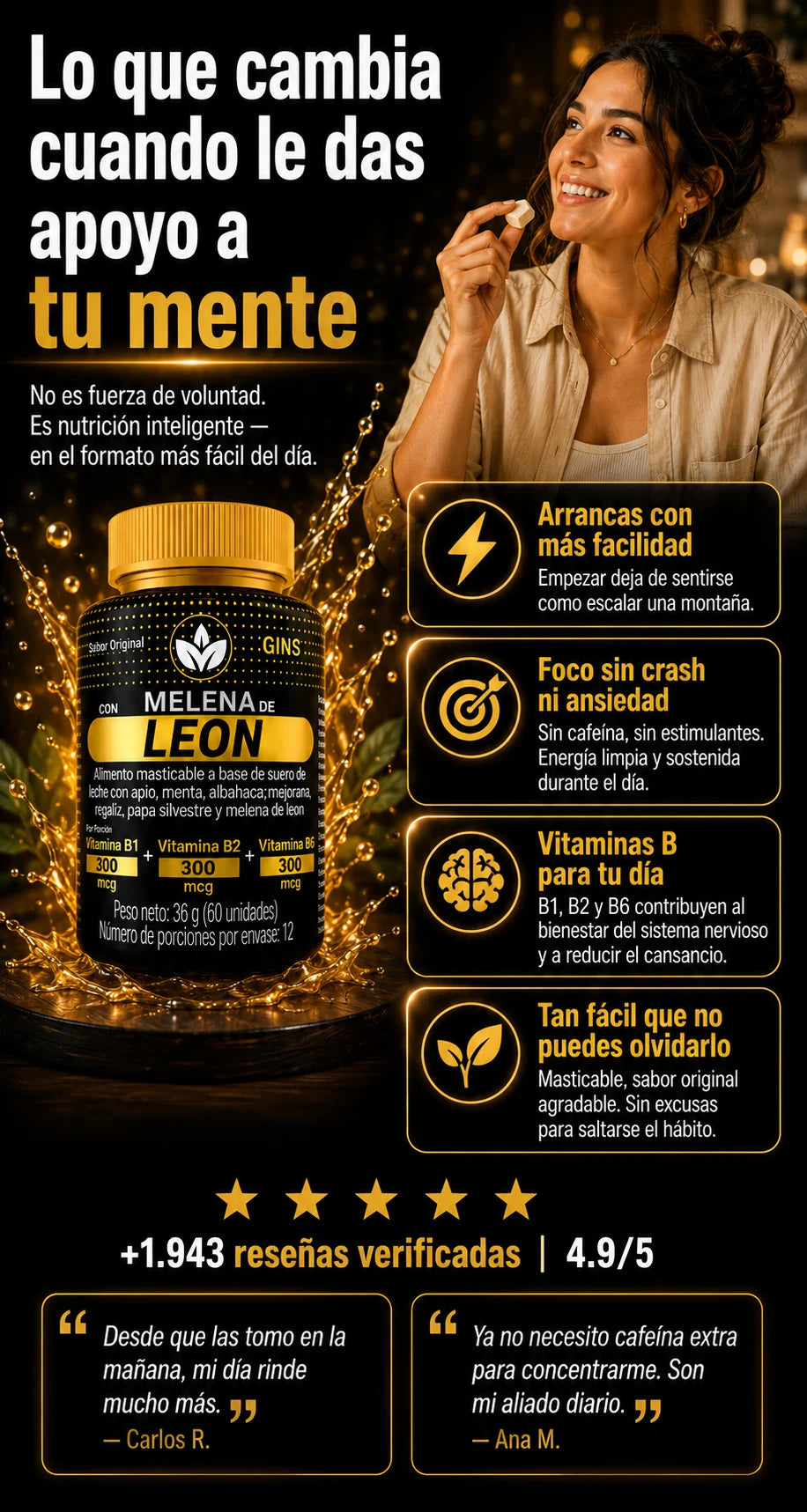 Beneficios de Melena de León gomitas – foco, energía limpia, vitaminas B y sin cafeína | +1.943 reseñas verificadas