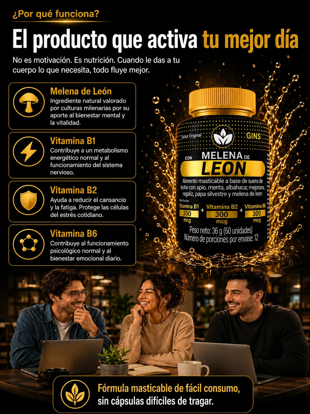 Ingredientes de Melena de León gomitas – hongo lion's mane, vitaminas B1, B2 y B6 para bienestar mental y energía