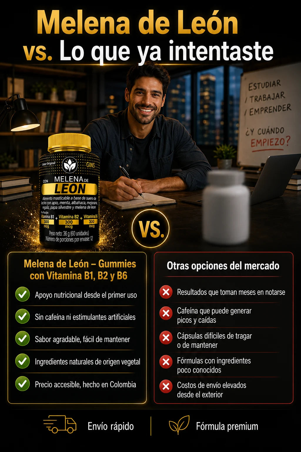 Melena de León gomitas vs otras opciones – sin cafeína, ingredientes naturales, hecho en Colombia, fácil de tomar