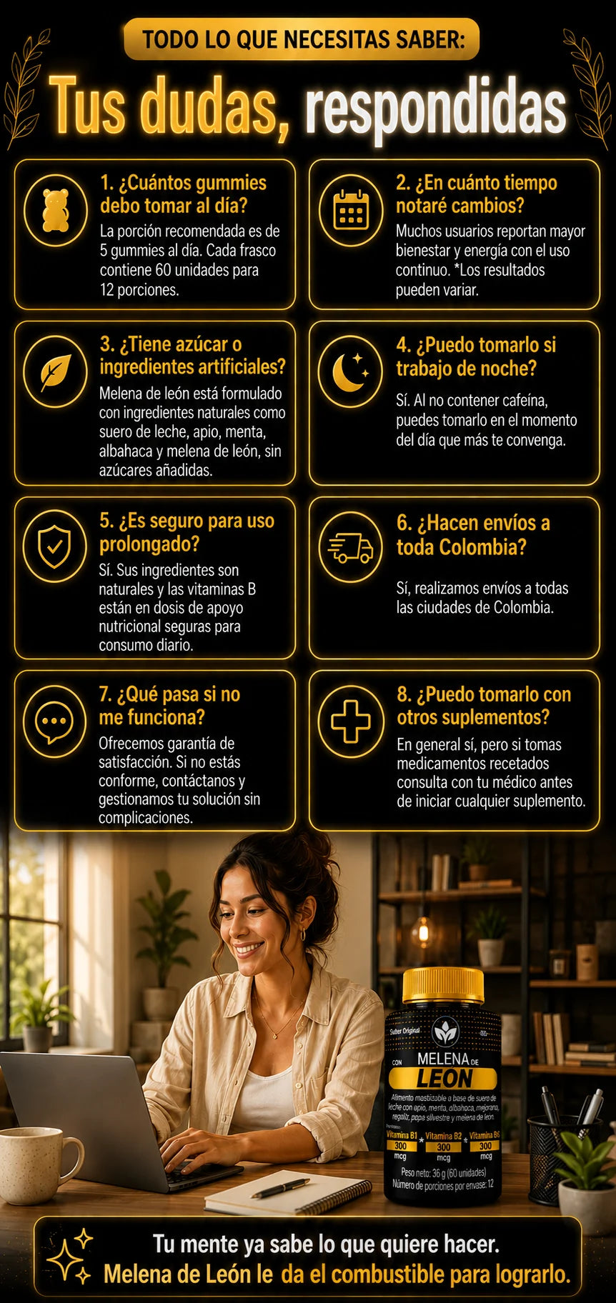 Preguntas frecuentes Melena de León gomitas – dosis, ingredientes naturales, envíos Colombia, seguridad y garantía