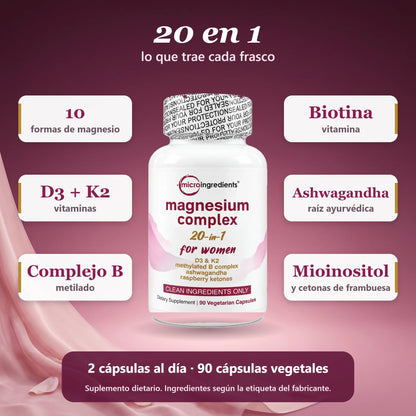 Qué trae el frasco: 10 formas de magnesio, D3 y K2, complejo B metilado, biotina, ashwagandha, mioinositol y cetonas de frambuesa